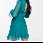 ASOS NEW DESIGN ruffle detail mini dress with button detail in teal. SIZE 4 Photo 2