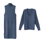 2 pcs sweater turtleneck bodycon dress set Blue Photo 2