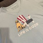 Life is Good Crusher Tee Women Blue Medium V Neck Golden Retriever USA Wine Photo 3