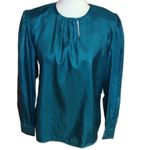 Vintage Teal Satin Blouse | Long Sleeve Keyhole Neckline Draped Top Size 8 Photo 1