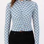 Storia  Checkered Silky Long Sleeve Mock Neck Cinched Cropped Top Size Small NWOT Photo 0