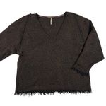 Free People  Wool Blend Slubby Fringe V-Neck Sweater Gray-Brown-Black Size S Photo 0