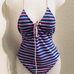 pink and blue Halter neck one piece striped bodysuit swimsuit lave up tue up front details (Size S) Photo 0