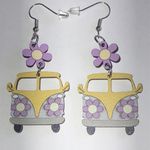Huge Yellow Bus Purple Flower Dangling Boho Pierced Earrings Photo 0