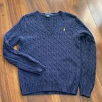 Ralph Lauren  Sport 100% Cotton Cable Knit V-Neck Sweater Navy with Yellow Pony Photo 3