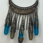 Bohemian fringe frosted glass burnished brass dangle necklace. Blue Photo 0