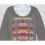 Johnny Was JOHNNY WAS Medium Gray Aztec Cross Stitch Tunic TOP V-Hem 3/4 Slv Raw Edge Art Photo 1
