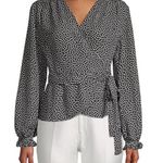 Max Studio Polka Dot Print Long Sleeve Wrap Top Side Tie Belt Blouse Black White Photo 0