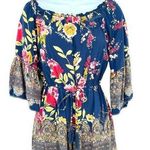 Angie  Floral Off-Shoulder Boho Bell Sleeve Romper Blue Multicolor Size Medium Photo 0