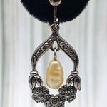 Vintage Silver Tone Drop Dangle Faux Pearl & Floral Hoop Earrings Clip On 1.75" Photo 5