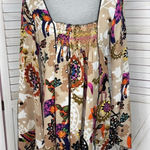 Mystery Mexican Print Smocked Top Bell Sleeve Tunic Shirt Tan‎ Multi Medium Tan Photo 0