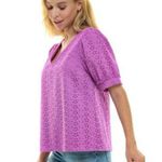 Draper James Purple Eyelet Women's V-Neck Dress Puff Sleeve Blouse Photo 2