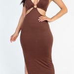 NEW Brown Front Cut Out Halter Neck Back Tie Midi Dress Size M Photo 6