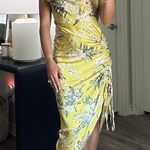 Mable Asymmetrical Yellow Floral Midi Dress Cinch Slit Cowl Neck Tropical Small Photo 6