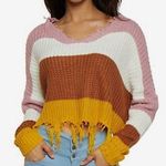 NWT Frayed Mustard Pink Brown Color Block Knit Cropped Sweater Size Medium Photo 0