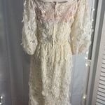 Vintage Richilene Lace Dress With Embroidered Floral Design & Puff Sleeves Tan Size 10 Photo 11