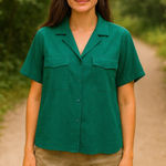 Athleta  Womens Echo Button Down Short‎ Sleeve Shirt Teal Green Medium Athleisure Photo 0