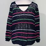 Poof! POOF medium black knit crochet sweater with neon pink and green stripes Photo 3