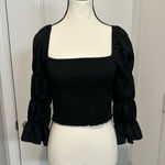 Free People Intimately  Black Smocked Puff Sleeve Romantic Coquette Crop Top Sz L Photo 0