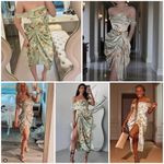 Pretty Little Thing Sage Green Floral Print Satin Draped Bardot Midi Dress Photo 3