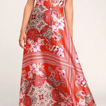 Lulus NWT  Whirlwind Red Multi Scarf Print Satin Maxi Dress Size Small‎ Photo 0