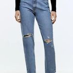 ZARA  Relaxed Fit High Waist Rise Ripped Distressed Jeans Blue denim cropped 14 Photo 0