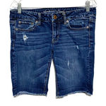 American Eagle Bermuda Denim Jean Shorts Womens 6 Distressed Raw Hem Stretch Y2K Photo 0