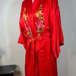 Vintage Red Silk Kimono Robe Embroidered Floral Long Sleeve Belted Golden Bee Size undefined Photo 0