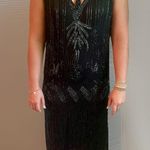 Vintage 1920s Style Art Deco Flapper Dress Black Iridescent Beaded Gatsby Dress Gold Size M Photo 15