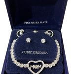 Macy's NEW Silver Plate MOM BRACELET & Solitaire EARRINGS Set Adjustable CZ Boxed Photo 4