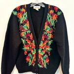 Jason Prescott Vintage Wool Cardigan Women's Medium Black Floral Y2K Hand Knit Photo 0