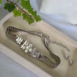 Boutique Glam Silver with Rhinstone Flower Choker Necklace with Earrings Set Photo 1