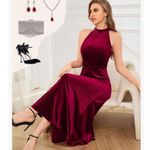 NEW Wine Red Halter Velvet Maxi Cocktail Formal Prom Bridesmaid Dress S Blue Photo 4