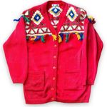 Vintage 80s Red Cardigan Sweater Beaded Southwestern Fringe Oversized Vneck XS Photo 0