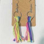 None Rainbow Tassel Fringe Statement Earrings Slip On Dangle Hoop Silver Green Pink Photo 5