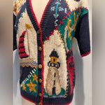 Ashley Vintage hand knit sailboat nautical sweater cardigan size Medium Red Photo 2