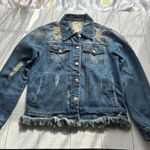 Iris  Blue Denim Jacket Fringe Hem Distressed Size Small Photo 0
