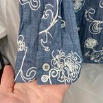 Chico's  women's denim blue cream embroidered floral button down‎ collared shirt Photo 1