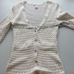DKNY Women M Open Knit Cardigan Crochet Buttoned Sweater V-Neck 3/4 Sleeve Cream Photo 4