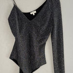 Love j Sparkly Silver Black Bodysuit Rhinestone Strap Long Sleeve Glam Going Out NYE Photo 0