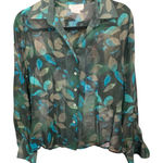 TESS 100% Silk Long Sleeve Blue Black Leaves Women's Button‎ Up Shirt Size 4 Photo 0