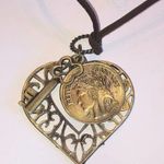Brown & Gold Tone Suede Chain Heart French Coin Key Pendant Boho Necklace Photo 0