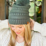 Authentic C.C Beanie Women’s Green Slouchy Cable Knit Faux Fur Pom Hat Winter Photo 0
