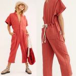Free People Slouchy Jumpsuit Cotton Red Woven Size S New w/Tag Photo 1
