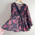 Torrid  Babydoll Chiffon Lurex Crochet Lace-Up Sheer Blouse, Black Red Floral, 1X Photo 7