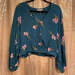 Billabong  Teal Floral Safe Bet Flowy Crossover Semi Cropped Top, Large Photo 0