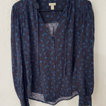 Hinge  Blue Floral Long Sleeve V Neck Tassel Blouse Small Photo 0