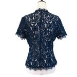 CAbi  3073 Navy Blue Sheer Lace Short Sleeve Top Blouse Button Front‎ Size Small Photo 2