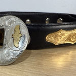Western Cowgirl Black Leather Belt Concho Heart German‎ Silver Big Al's 38" Boho Photo 0