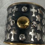 Gold Black Silver Tone Wide Cuff Bracelet Crosses Stars Circle Accents Open Back Photo 11